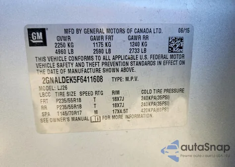 2015 Chevrolet Equinox Ltz from USA, damaged, VIN 2GNALDEK5F6411608